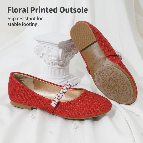 Girl's Strap Mary Jane Ballerina Flats - RED GLITTER - 3